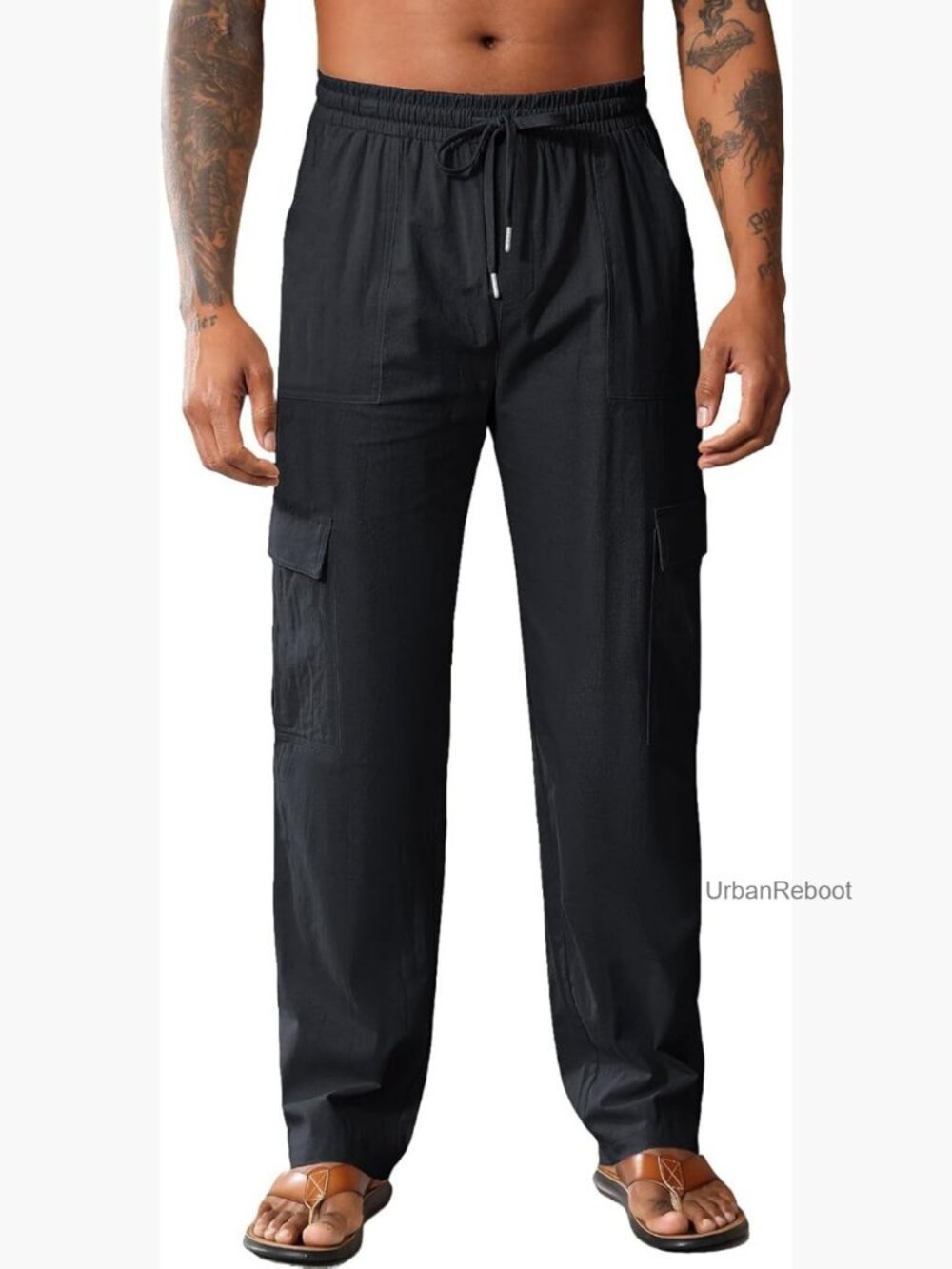 Men's Linen Cargo Pants Elastic Waist Drawstring Lightweight Summer Trousers